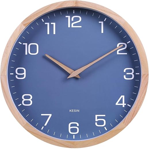 Kesin Wall Clock 12 Inch Silent Non Ticking Wood Wall Clocks Battery Operated - Wooden Blue Modern Simple Clock Decorative for Kitchen,Living Room,Bedroom,Kid’s Room