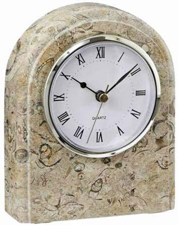 KhanImports Tan Fossil Marble Desk Clock, Decorative Stone Shelf Clock - 6 Inch