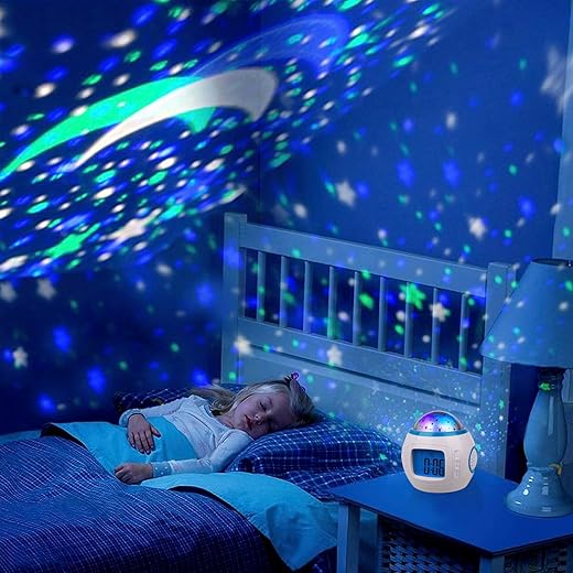 Kids Alarm Clock, Moon Stars Projector Alarm Clock, 7 Color Changing Temperature Detect Alarm Clock for Toddler, Children Boys Girls Students to Wake up at Bedroom, Bedside, Batteries Operated