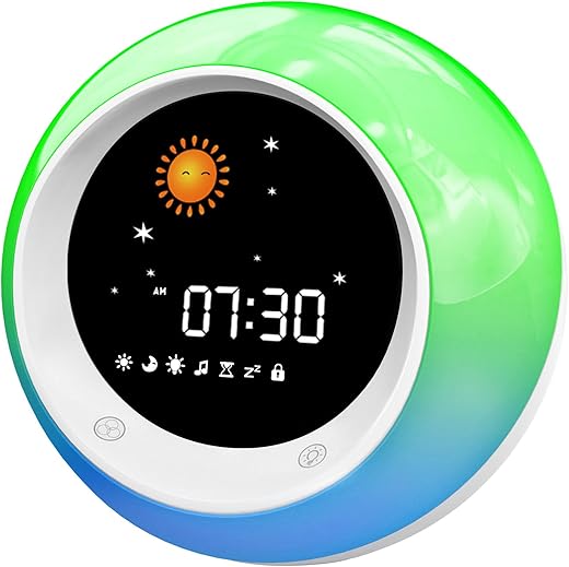 Kids Alarm Clock, Sleep Training Clock with Sun & Moon, Sleep Sound Machine, Timer Night Light, OK to Wake Clock for Kids and Toddlers