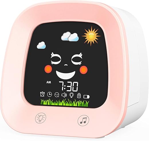 Kids Alarm Clock, Toddler Sleep Training Clock with Night Lights, Sound Machine, Cute Time to Wake Alarm Clock for for School-Age Children (Pink)