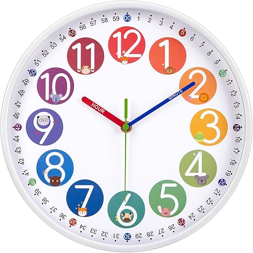 Kids clock - Learning Analog Clock for Kids Ages 4-8 - Telling Time Teaching Clock for Kid - Silent Toddler Color Clock for Teaching Time - Battery Operated Wall Clocks for Bedroom Living Room