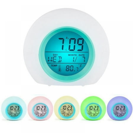 Kids Digital Alarm Clock, 7 Color Night Light, Temperature Detector for Toddler, Children Boys and Girls, Students to Wake up at Bedroom, Bedside, Batteries Operated