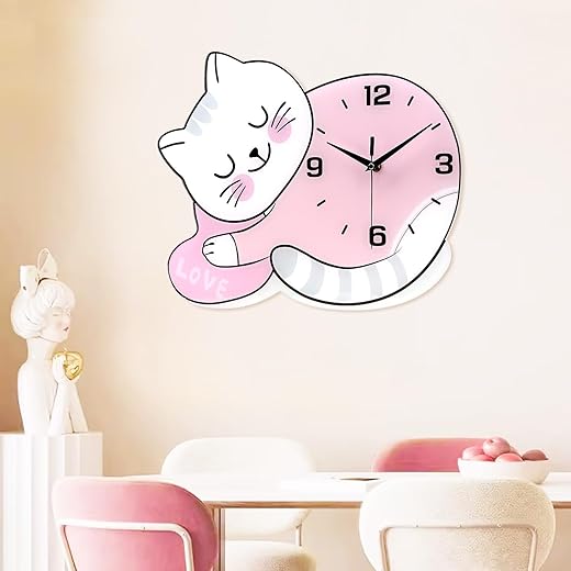 Kids Wall Clock Battery Operated,Silent Non Ticking Cat Wall Clock,Analog Cute Pink Wall Clock for Girls Cat Lovers,Decorative Wall Clocks for Living Room Bedroom Kitchen Home Decor, 17x13inch