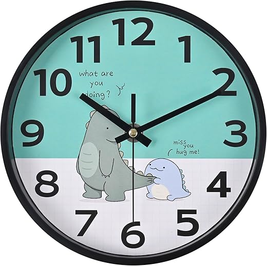 Kids Wall Clock Dinosaur Cute Small Analog Wall Clocks Battery Operated Silent for Classroom Bedroom Kitchen Decor,8 Inch Teal