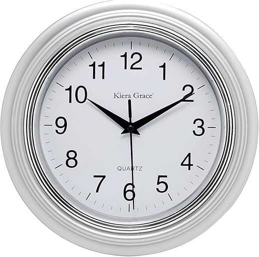 Kiera Grace Wall Clock, 10 Inch, Aster Silver Modern Classic Wall Clocks Battery Operated, Silent Non Ticking Home Decor for Living Room, Kitchen, Bathroom