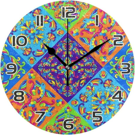 Kigai Mexican Talavera Ceramic Tile Pattern Clock Silent Round Wall Clock Non Ticking Battery Device Clocks Creative Decoration Wall Clock for Living Room Bedroom Office Kitchen