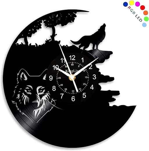 KingLive Black Record Clock Wild Wolf Decor Art,Vinyl Record Designed Modern Wall Clock,DIY LED Clock with 7 Colors Night Lamp Clock