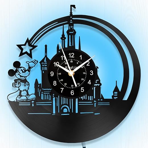 KingLive Cartoon Movie Wall Clock, Vinyl Record Clock 12 Inch LED 7 Color Night Light Circular Classic Disney Castle Decorated Mouse Silent Clock, Room Decoration Gift for Children, Daughter, Son