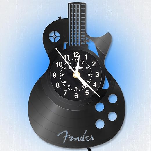 KingLive Music Wall Clock, Guitar Vinyl Wall Clock, 7 Kinds of LED Color Art Night Light Home Decor, Music Instrument Wall Clock Gift for Men Musician Guitarist