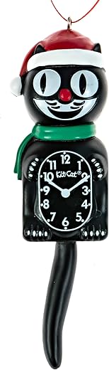 Kit-Cat Klock® Kit Cat Clock Santa Decorative Christmas Ornament, Black (5-Inches Tall) - Classic Kit-Cat Klock with Green Scarf & Red Hat - Perfect Addition to Christmas Trees & Holiday Decorations