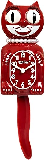 Kit-Cat Klock® Limited Edition Space Cherry Red Lady with Pearl Necklace & Eyelashes - Cat Clock with Moving Eyes and Tail Wall Clock, Made in USA