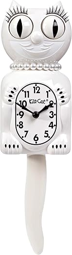 Kit-Cat Klock® Limited Edition White Lady with Pearl Necklace & Eyelashes - Iconic Retro Cat Clock with Moving Eyes and Tail, Battery Operated Wall Clock, Made in USA, Perfect for Home Décor