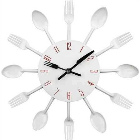 Kitchen Cutlery Wall Clock with Forks and Spoons for Home Decor - White