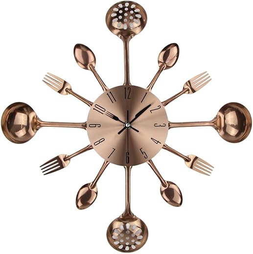 Kitchen Metal Copper Wall Clocks with Spoons and Forks 3D Removable Modern Creative Cutlery Kitchen Spoon Fork Wall Clock for Great Home Decor and Nice Gifts (Copper-40CM)