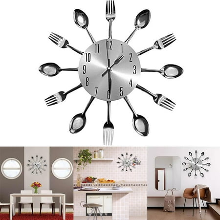 Kitchen Wall Clock, Large Kitchen Cutlery Wall Clock with Spoons and Forks, 3D Removable Modern Decorative Wall Decal for Home Room