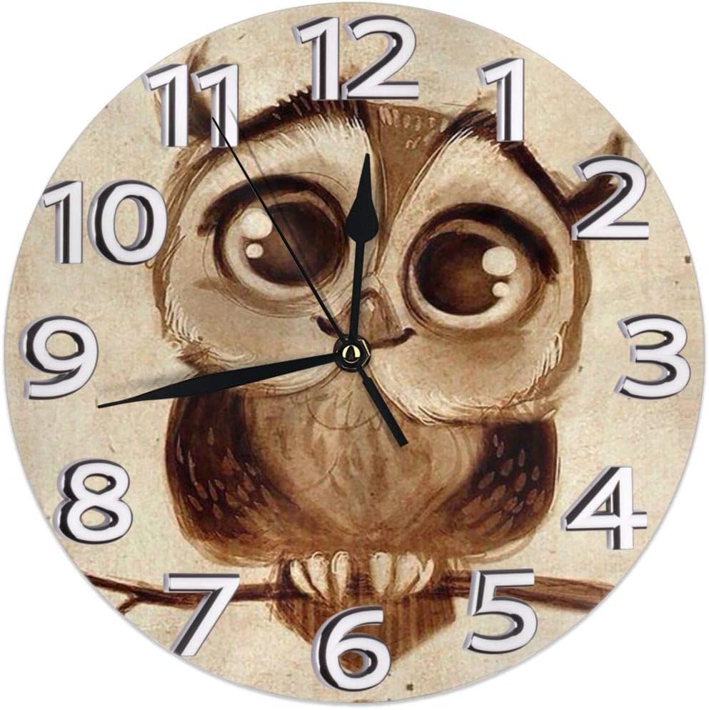 KiuLoam Cute Owl Round Wall Clock Silent Non Ticking Battery Operated Easy to Read for Student Office School Home Decorative Clock Art