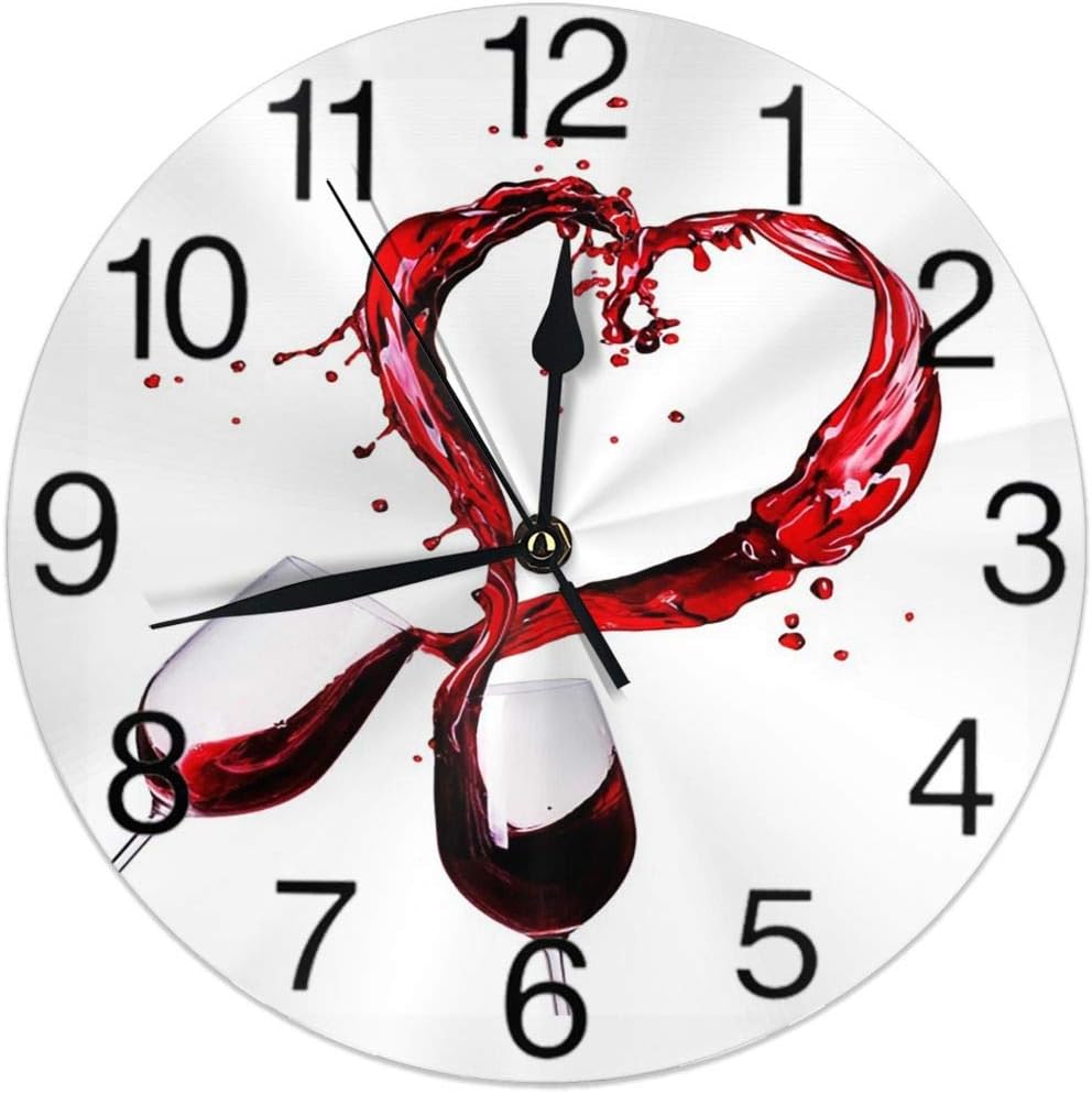 KiuLoam Glasses of Red Wine Heart Splash Valentine's Day Round Wall Clock Silent Non Ticking Battery Operated Easy to Read for Student Office School Home Decorative Clock Art