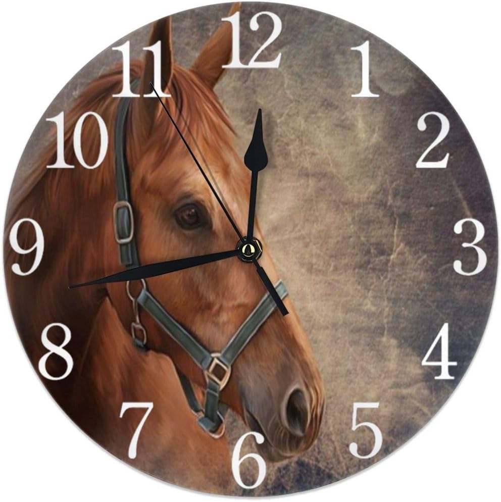 KiuLoam Horse Animal Round Wall Clock Silent Non Ticking Battery Operated Easy to Read for Student Office School Home Decorative Clock Art (One Size, Horse)