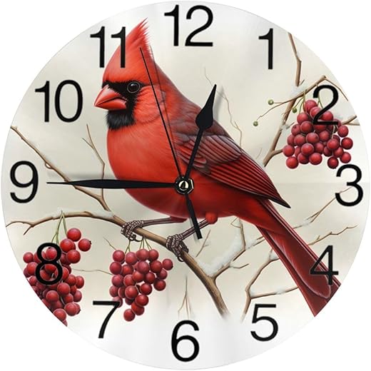 KiuLoam Winter Bird Round Wall Clock Silent Non Ticking Battery Operated Easy to Read for Student Office School Home Decorative Clock Art