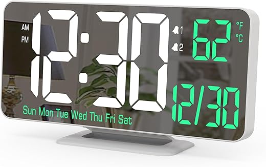 KOSUMOSU Alarm Clock for Bedroom, 6.7" Led Desk Digital Clock,Mirror Clock,Dual Alarm Clock for Living Room with Seconds,Date,Week,12/24h,Dimming,Temp