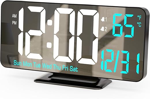 KOSUMOSU Digital Alarm Clock 6.7in Black Clock for Bedroom, Dual Alarm, Date, Seconds,Day of Week,12/24h,Dimming, Temp, Desk Clock, LED Clock for Living Room, Calendar Digital Clock Large Display