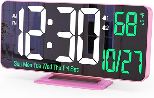 KOSUMOSU Pink Digital Clock 6.7in Desk Clock with Dual Alarm Clock, Dimming, 12/24h, Date, Day of Week, Temp, Digital LED Clock, Alarm Clock for Table, Digital Calendar Table Clocks for Bedrooms