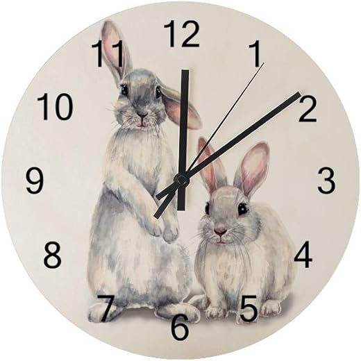 Kuizee Wall Clock Cute Furry Rabbit Watercolor Bunny Uncovered Wooden Mute Decoration Home Office Bedroom 12Inch