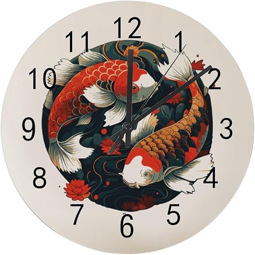 Kuizee Wooden Wall Clock Silent Non Ticking Koi Fish Water Splash Japanese Battery Operated Frameless Decoration Home Office Bedroom School 12 Inch