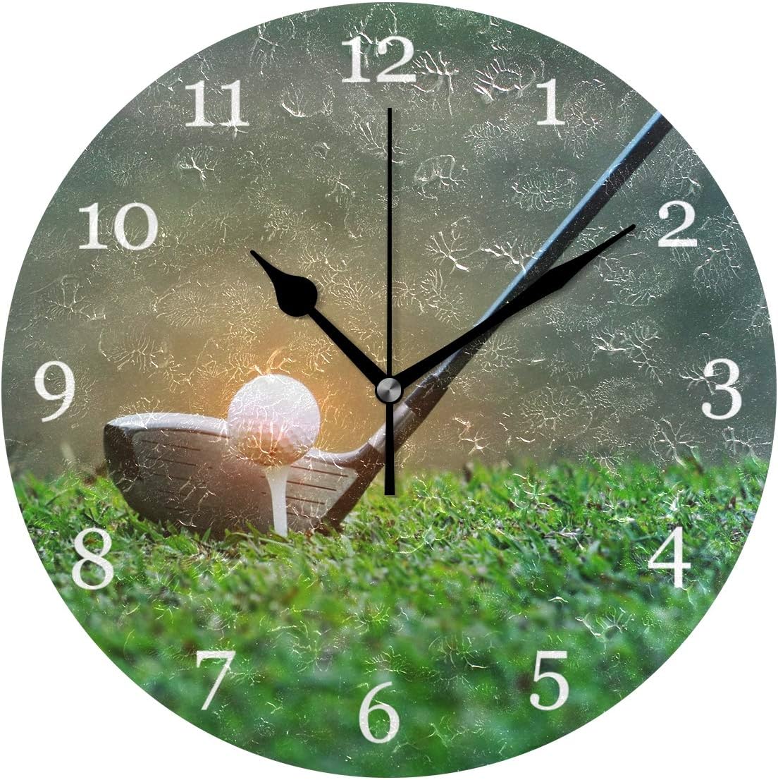 KUWT Sport Ball Golf Wall Clock Silent Non-Ticking, 9.5 Inch Round Wall Clock Battery Operated Golf Themed Clock Decor for Boys Room Home Wall Bathroom Bedroom Living Room Office Classroom Patio