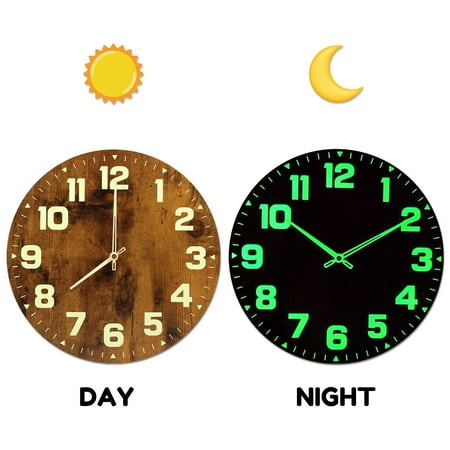 Kyoffiie Luminous Wall Clocks Wooden Glow in The Dark Clock 12 inch Silent Non-Ticking Lighted Wall Clock Battery Operated Night Light Clock Home Decoration for Living Room Office Kitchen Bedroom