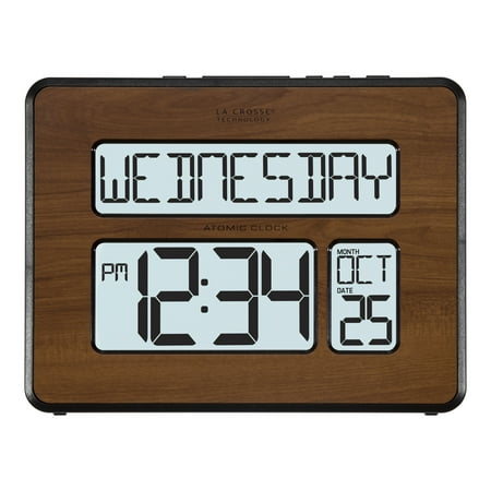 La Crosse 513-1419BL-WA Backlight Atomic Calendar Digital Clock with Large Digits, Walnut