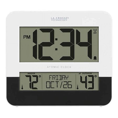 La Crosse Atomic Digital Wall Clock with In/Outdoor Temperature in Black/White