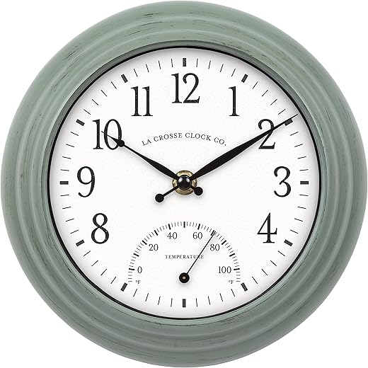 La Crosse Clock 433-3020 8-inch Indoor/Outdoor Sage Green Quartz Wall Clock with Temperature