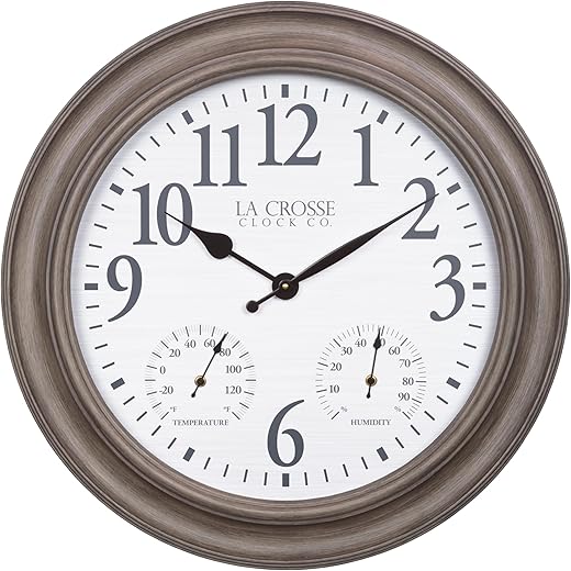 La Crosse Clock 433-3267TH 26.2" Indoor/Outdoor Brushed Gray Oak Analog Quartz Clock with Temp and Humidity