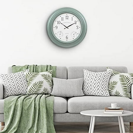 La Crosse Clock 433-3846 18 in. Indoor/Outdoor Sage Green Quartz Wall Clock with Temperature & Humidity