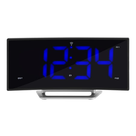 La Crosse Technology 1.8 inch Corded Electric Curved Blue LED Atomic Dual Alarm Clock, 617-249