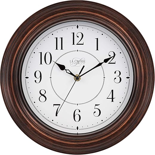 La Crosse Technology 404-2630W 12 Inch Evelyn Quartz Wall Clock with Silent Movement, 12", Brown