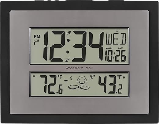 La Crosse Technology 512-85937-INT Atomic Digital Wall Clock with Temperature & Forecast in Gray/Silver