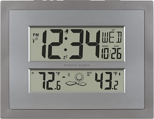 La Crosse Technology 512-85937-INT Atomic Digital Wall Clock with Temperature & Forecast in Gray/Silver