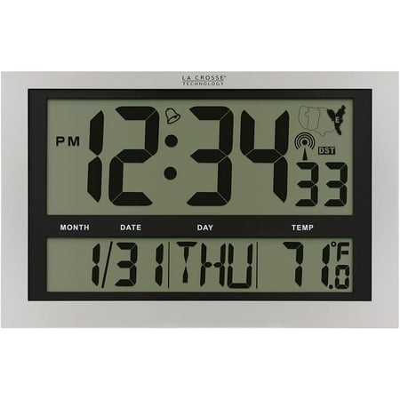 La Crosse Technology 513-1211 Atomic Wall Clock with Jumbo LCD Display with Indoor Temperature , Silver