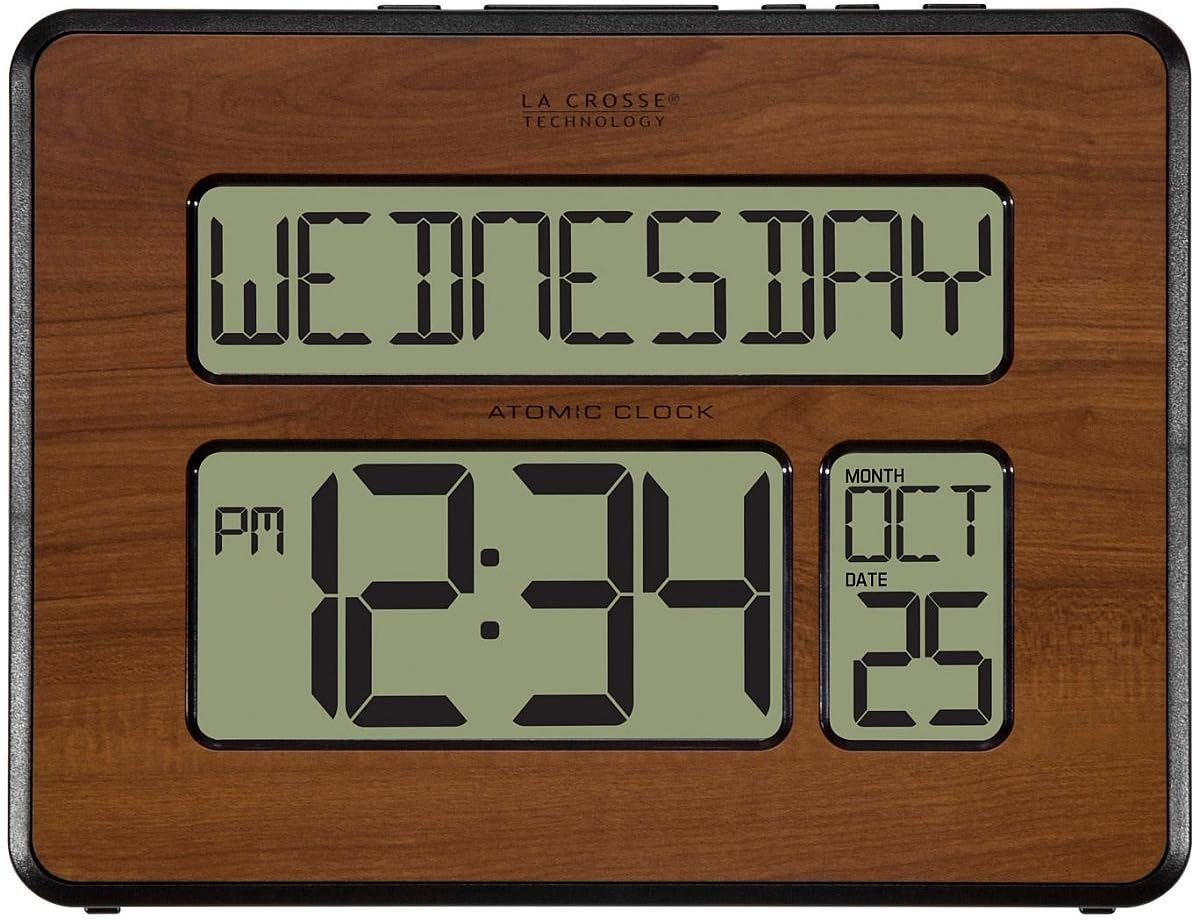 La Crosse Technology 513-1419-WA-INT Atomic Large Full Digital Calendar Clock, Walnut, 9.84L x 1.14W x 7.48H