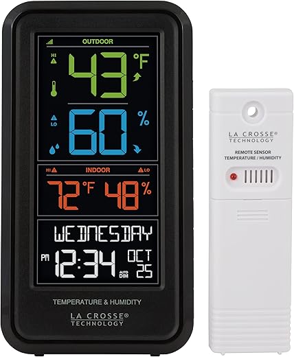 La Crosse Technology Advanced Indoor/Outdoor Temperature & Humidity Monitor with Custom Alerts and Gauge Range of 300 Feet - Calendar Display & Auto-Dim Backlight