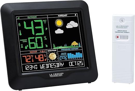 La Crosse Technology Color Forecast Station - Large Display, Temperature/Humidity Alerts, Seasonal Scenes - Indoor/Outdoor Monitoring, HI/LO Records, Barometric Pressure - Atomic Time, DST Updates