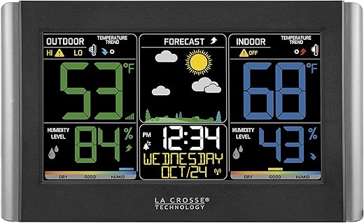 La Crosse Technology Weather Station with Customizable Alerts, Weather Forecast, Temperature, Dew Point, Humidity, Time, Heat Index, Large Display, Adjustable Brightness, Wireless, Black, C85845-INT