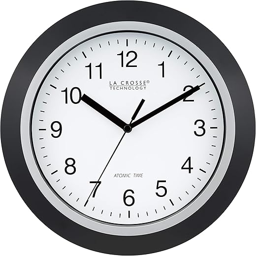 La Crosse Technology WT-3102B 10-Inch WWVB Self-set Analog Wall Clock and automatic DST reset,Black/silver