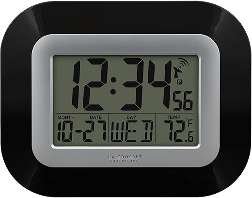 La Crosse Technology WT-8005U-B-INT Atomic Digital Wall Clock with Indoor Temperature, Black,