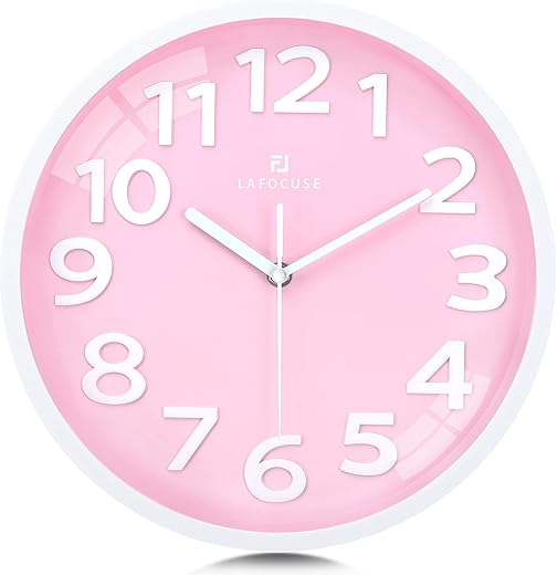 Lafocuse 12 Inch 3D Numbers Pink Wall Clock for Bedroom Battery Operated, Silent Non-Ticking Pink Clocks for Girls Room Bedroom Office Kitchen Living Room Decor