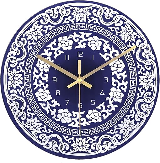 Lafocuse 12 Inch Blue and White Wall Clock, Navy Blue China Ceramic Wall Clock for Living Room Decor, Kitchen Clock Wall Decorative Battery Operated Silent Non-Ticking Bedroom Home Office