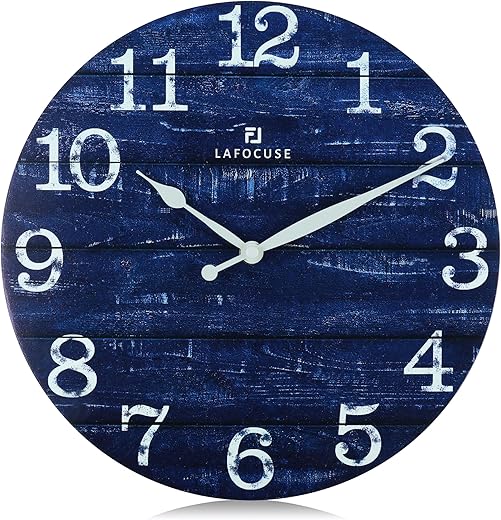 Lafocuse 12 Inch Farmhouse Wooden Navy Blue Wall Clock Silent Non Ticking,Battery Operated Vintage Shabby Chic Distressed Rustic Clock for Living Room Kitchen Bedroom Office-Version 2.0